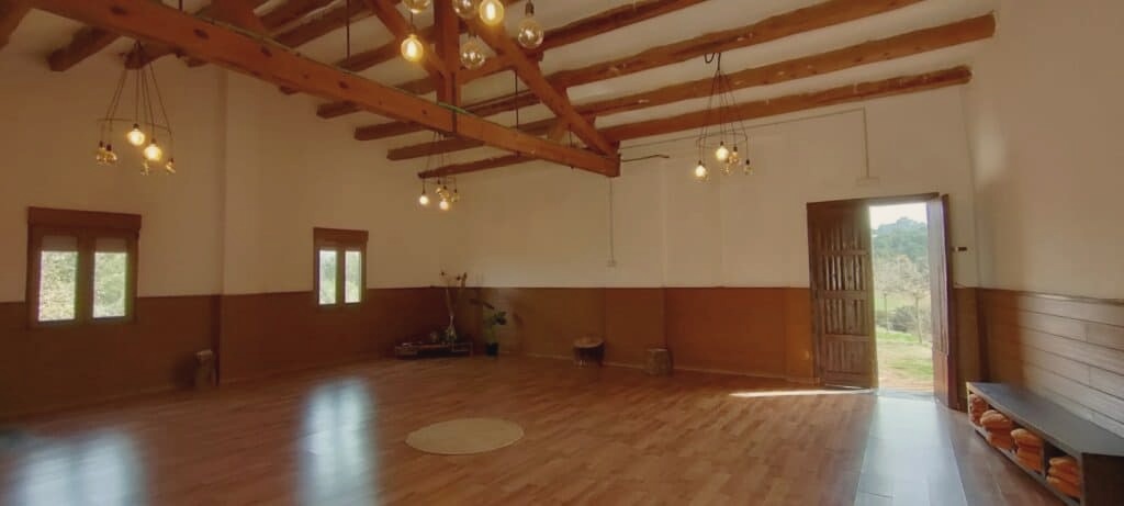 The wooden floor dance room with a wood stove